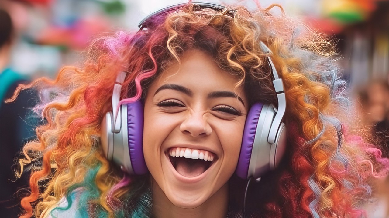 Image of girl wearing headphones with multicolored curly hair smiling.